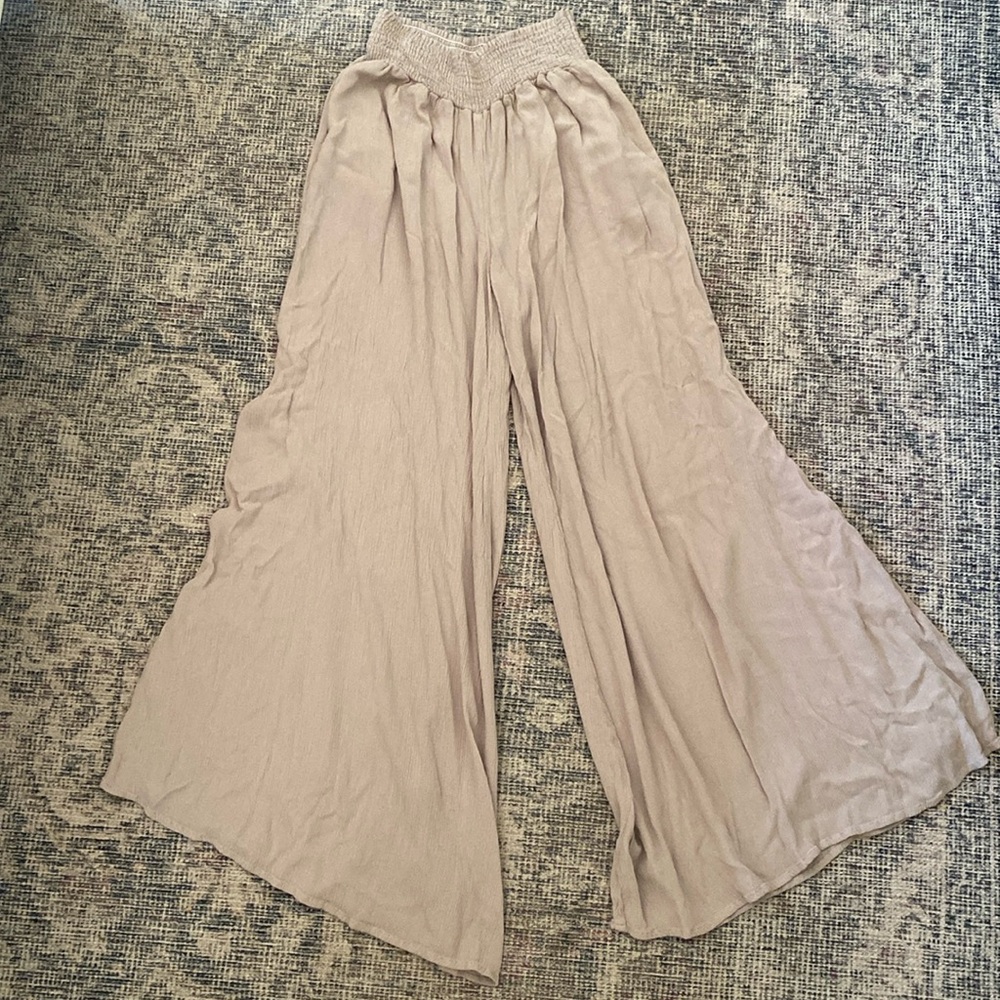 Carly Jean Los Angeles Gauze Flowy Pants Brown Putty Maueve Ribbed Small Pockets